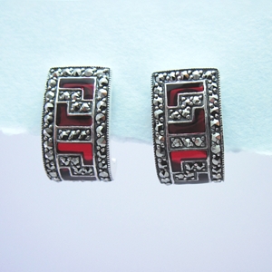 Red Enamel Greek Key Earrings with Marcasite